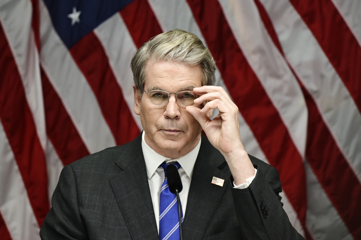 epaselect epa12271245 US Treasury Secretary Scott Bessent attends a press conference in the the Rosenbad building, the seat of Sweden&#039;s government, during the second day of trade talks between Ch ...