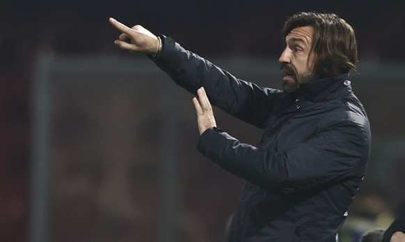 Juventus coach Andrea Pirlo gestures during the Italian Serie A match between Benevento and Juventus at the Vigorito stadium in Benevento, Italy, Saturday, Nov. 28, 2020. (Alessandro Garofalo/LaPresse ...
