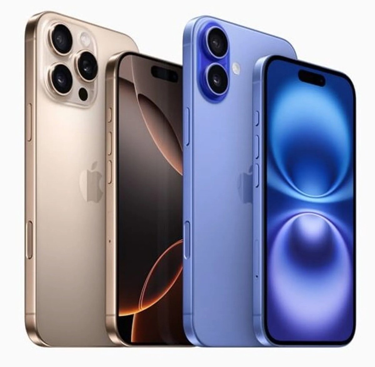 Das iPhone 16, 16 Plus, 16 Pro und 16 Pro Max (von rechts) sind in mehreren Farben erhältlich.