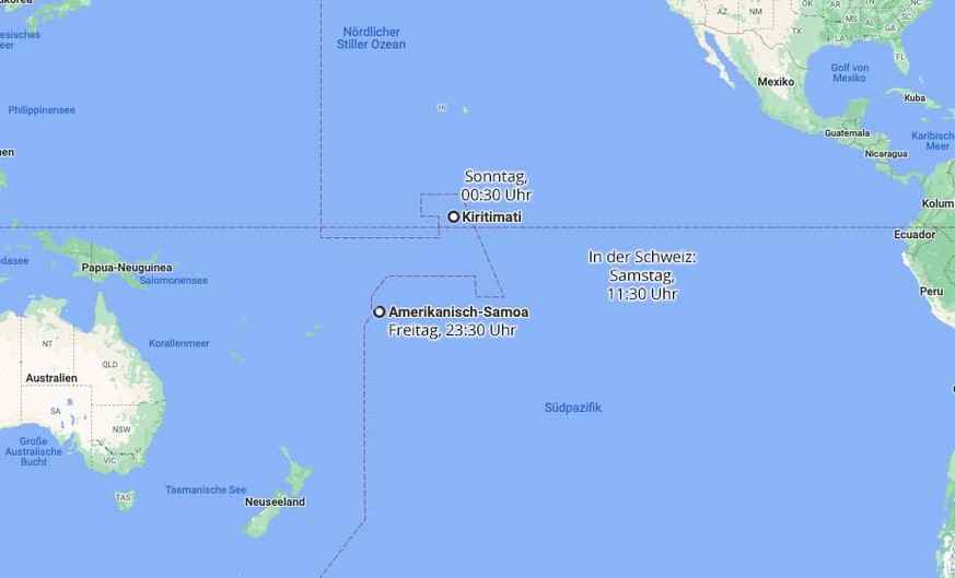 Wenn es also bei uns in der Schweiz Samstag, 11.30 Uhr ist (UTC+1), zeigen die Uhren in Kiritimati auf den Christmas Islands von Kiribati schon Sonntag, 00.30 Uhr (UTC+14) und auf Amerikanisch Samoa i ...