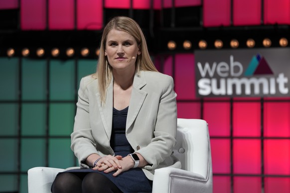 Facebook whistleblower Frances Haugen sits for an interview at center stage during the opening of the Web Summit technology conference in Lisbon, Monday, Nov. 1, 2021. (AP Photo/Armando Franca)