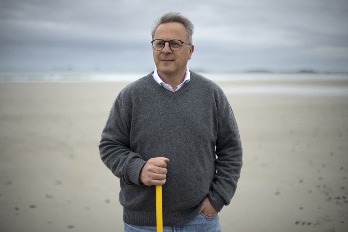 French scientist and CEO of Hemarina Franck Zal, poses on the beach in Saint-Jean-du-Doigt, western France, on May 25, 2022. Hemarina a Brittany based company, discovered that the blood of a simple ma ...