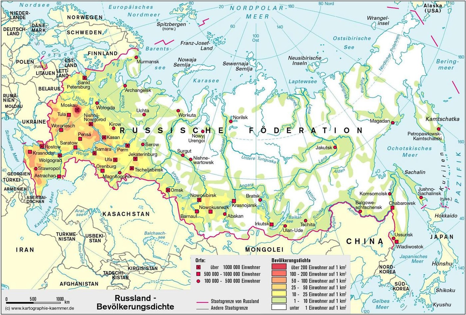 Russland ist riesig, aber weite Gebiete sind nur sehr dünn besiedelt. Teile von Sibirien sind mittlerweile regelrecht entvölkert. 