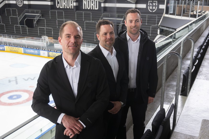 From left, Tomas Mitell new HC Lugano Head Coach , Stefan Hedlund Associate Coach and Janick Steinmann General Manager, during the presentation of the new HC Lugano technical staff season 2025 - 2026  ...