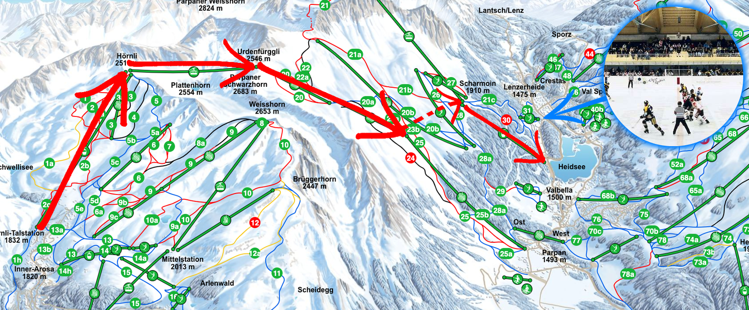 Der Weg der Hockeyfans übers Urdenfürggli in die Lenzerheide. Rote Pfeile = Reiseroute.Blauer Pfeil = Eishalle.