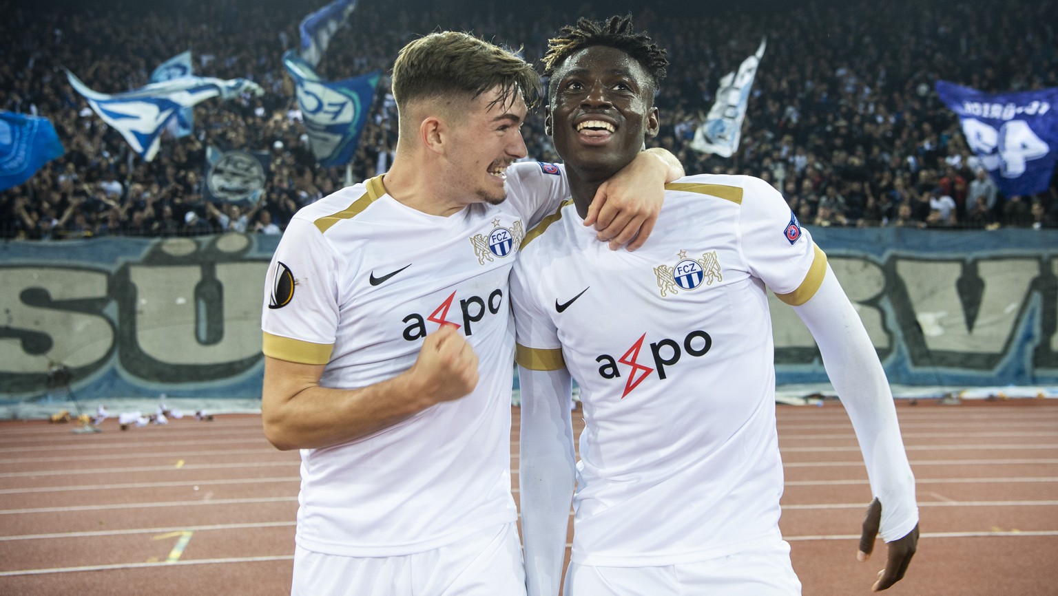 Zurich&#039;s Stephen Odey, right, celebrate his 3:2 goal next to Toni Domgjoni, left, during an UEFA Europe League 2018/2019 group A soccer match between Switzerland&#039;s FC Zurich and Germany&#039 ...