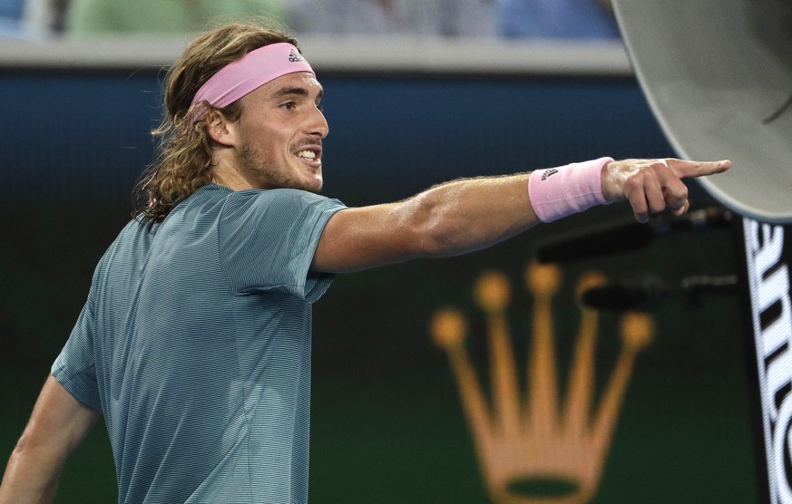 Greece&#039;s Stefanos Tsitsipas reacts during his third round match against Georgia&#039;s Nikoloz Basilashvili at the Australian Open tennis championships in Melbourne, Australia, Friday, Jan. 18, 2 ...