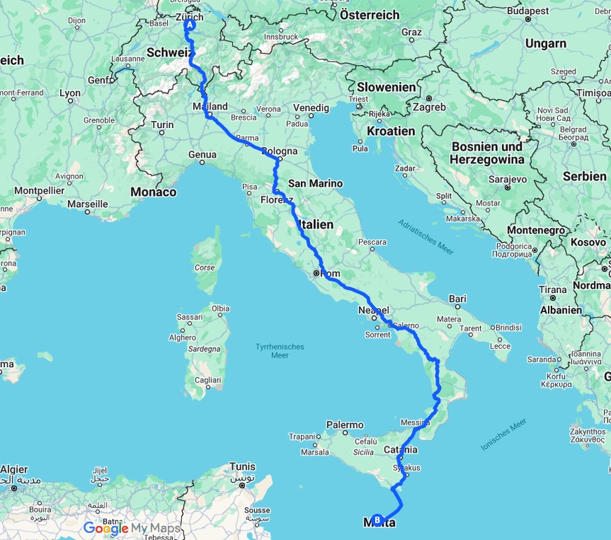 Diese Route von Zürich nach Malta beträgt rund 1870 Kilometer.