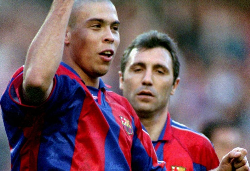 Barcelona&#039;s 20 year old Brazilian striker Ronaldo celebrates a goal he just scored against Compostela at Barcelona&#039;s Nou Camp stadium Sunday March 9, 1997. Barcelona won the game 3-0. Player ...