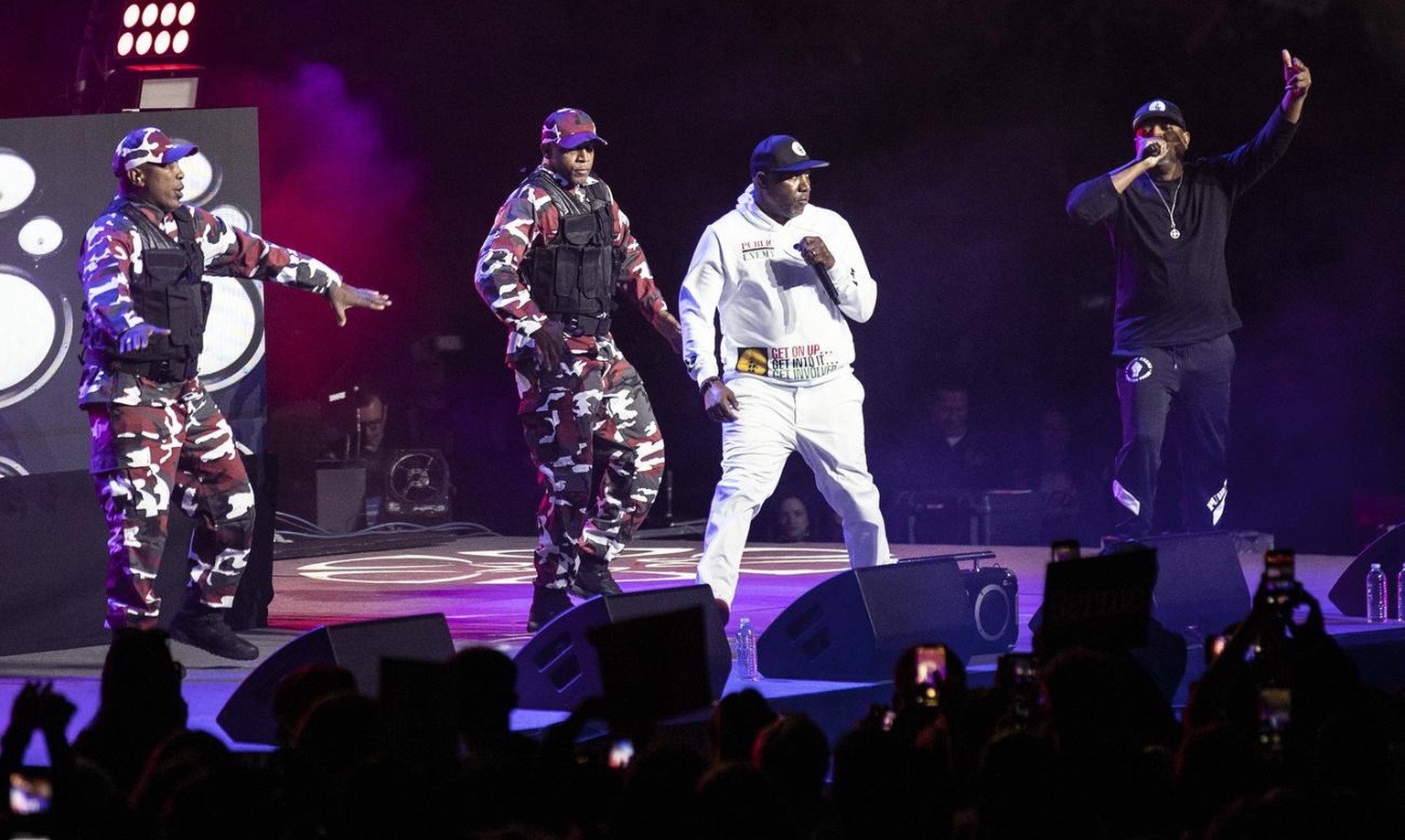 epa08263736 Public Enemy Radio performs on stage during a campaign rally for US Democratic presidential candidate Senator Bernie Sanders at the Los Angeles Convention Center in Los Angeles, USA, 01 Ma ...