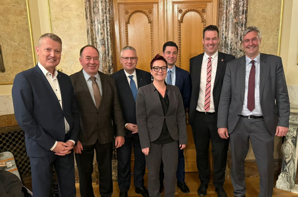 Die sieben Aargauer SVP-Nationalratsmitglieder (von links): Thomas Burgherr, Alois Huber, Andreas Glarner, Stefanie Heimgartner, Benjamin Giezendanner, Christoph Riner und Christian Glur.