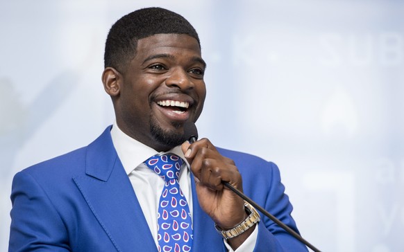 Nashville Predators defenseman P.K. Subban addresses a gathering, Wednesday, Aug. 31, 2016, in Montreal, nearly one year after making a $10-million pledge to the Montreal Children's Hospital Foun ...