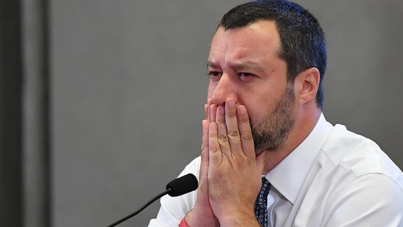epa06839638 Italian Interior Minister Matteo Salvini reacts during a press conference at Viminale palace in Rome, 25 June 2018. According to reports, earlier in the day Salvini visited Tripolis and ca ...