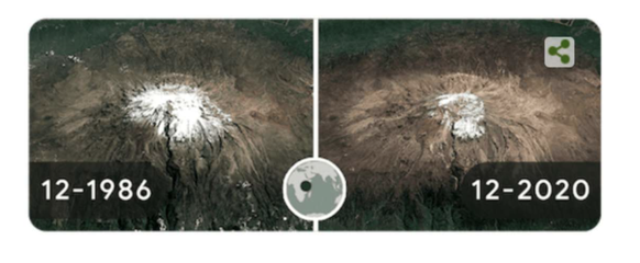 Eine der Animationen: Der Gletscherrückzug auf dem Gipfel des Kilimanjaros. Zwischen der ersten und der zweiten Aufnahme liegen lediglich 34 Jahre.