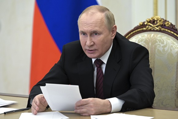 Russian President Vladimir Putin leads a meeting of the Coordination Council via videoconference in Moscow, Russia, Tuesday, Oct. 25, 2022. Speaking via video link at a meeting of the council he creat ...