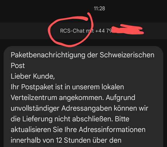 Die Kriminellen haben teils von SMS auf RCS-Nachrichten auf Android (siehe Screenshot) und iMessage auf dem iPhone umgestellt, um die SMS-Filter von Swisscom und Co. zu umgehen.