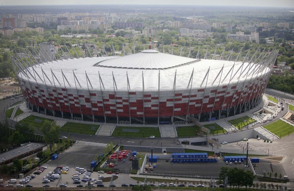 FILE - This Friday, May 18, 2012 file photo aerial view, made from an hot air balloon, shows the National Stadium, in Warsaw, Poland. PolandÄôs government is transforming the National Stadium in Wars ...