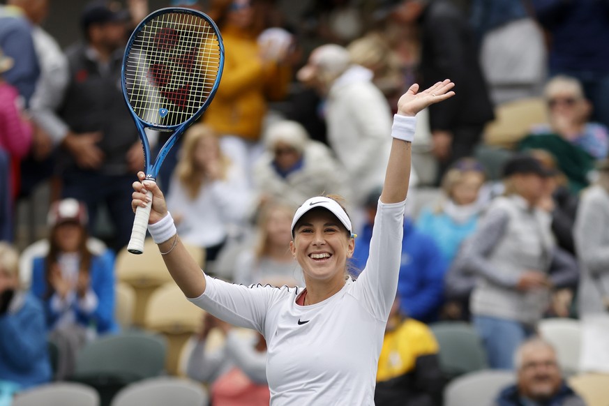 Belinda Bencic, of Switzerland, celebrates after defeating Ekaterina Alexandrova, of Russia, during the semifinals at the Charleston Open tennis tournament in Charleston, S.C., Saturday, April 9, 2022 ...