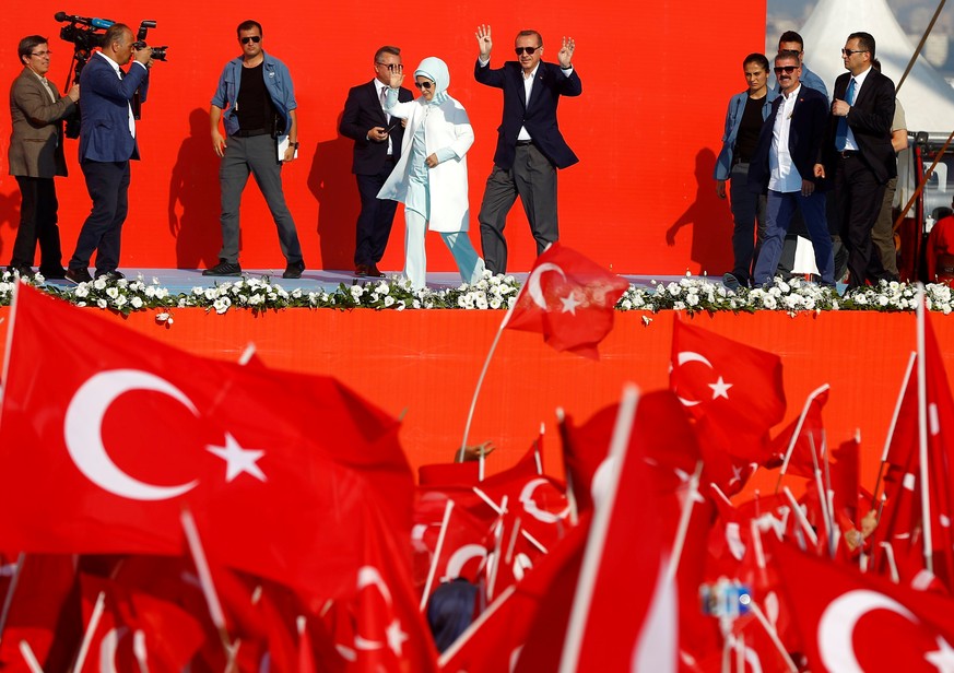 Turkish President Tayyip Erdogan and his wife Emine Erdogan attend Democracy and Martyrs Rally, organized by him and supported by ruling AK Party (AKP), oppositions Republican People&#039;s Party (CHP ...