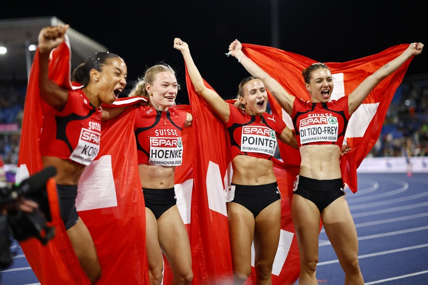 epa13172781 Silver medalists Team Switzerland celebrate after the 4x100m Relay Women Final at the European Athletics Championships Birmingham 2026, in Birmingham, Britain, 15 August 2026. EPA/TOLGA AK ...