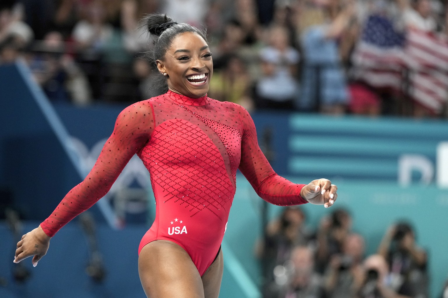 Simone Biles, of the United States, smiles after competing during the women&#039;s artistic gymnastics individual vault finals at Bercy Arena at the 2024 Summer Olympics, Saturday, Aug. 3, 2024, in Pa ...