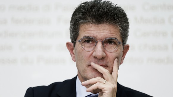 Patrick Odier, Praesident Schweizerische Bankiervereinigung, waehrend der Vorstellung des Schlussberichts der Expertengruppe zur Weiterentwicklung der Finanzmarktstrategie, am Freitag, 5. Dezember 201 ...