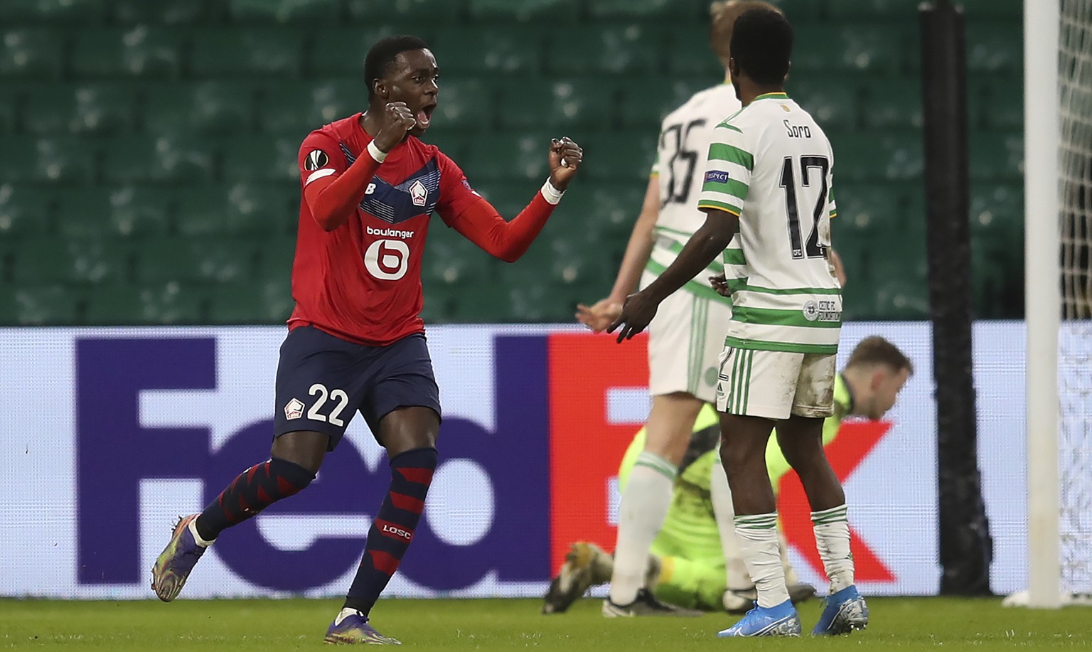 Lille&#039;s Timothy Weah celebrates scoring against Celtic during the UEFA Europa League Group H match at Celtic Park, Glasgow, Scotland, Thursday Dec. 10, 2020. (Jane Barlow/PA via AP)