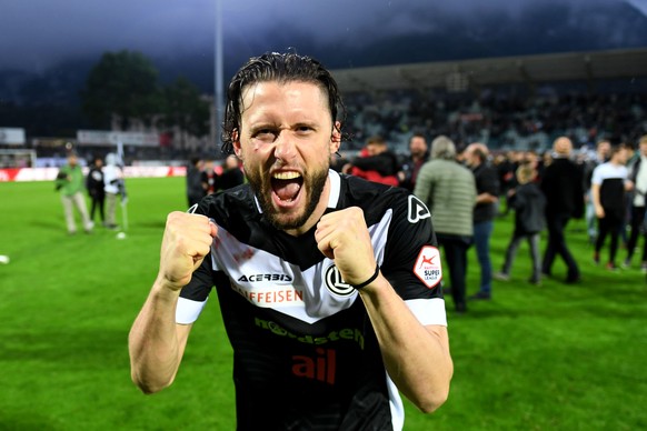 Lugano&#039;s player Fabio Daprela celebrates the Europa League qualification after the Super League soccer match FC Lugano against Graashoper Club Zuerich, at the Cornaredo stadium in Lugano, Saturda ...