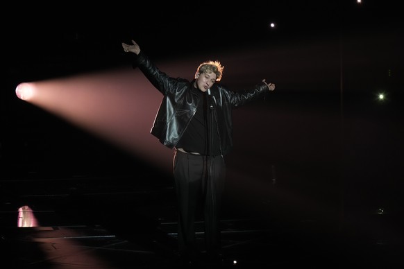 Marius Bear from Switzerland singing Boys Do Cry performs during rehearsals at the Eurovision Song Contest in Turin, Italy, Monday, May 9, 2022. (AP Photo/Luca Bruno)