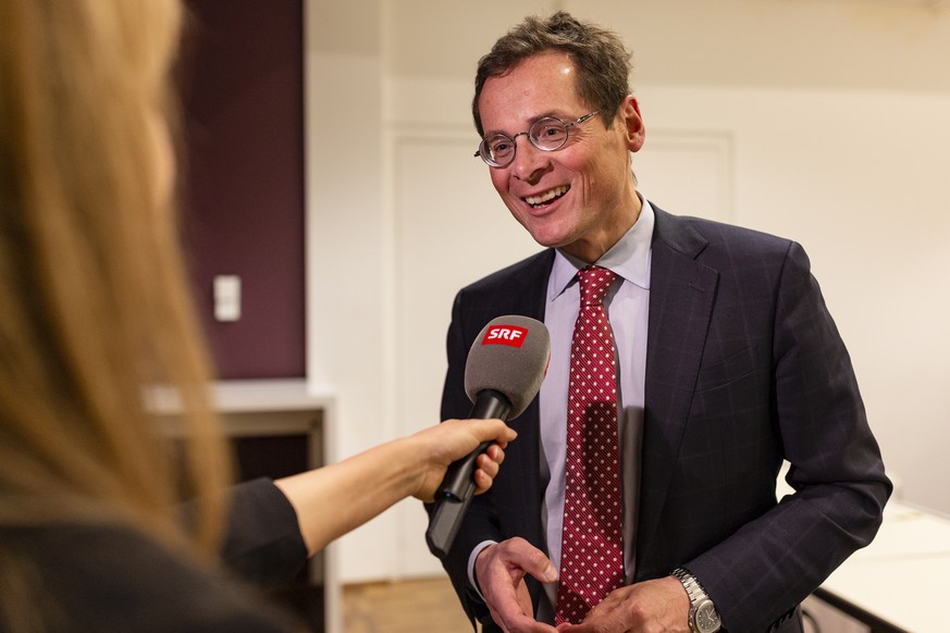 Roger Koeppel, Nationalrat und Verleger, spricht zu Journalisten an der Orientierung ueber die SVP-Staenderatsnomination am Dienstag, 26. Maerz 2019 in Wallisellen. (KEYSTONE/Aladin Klieber)