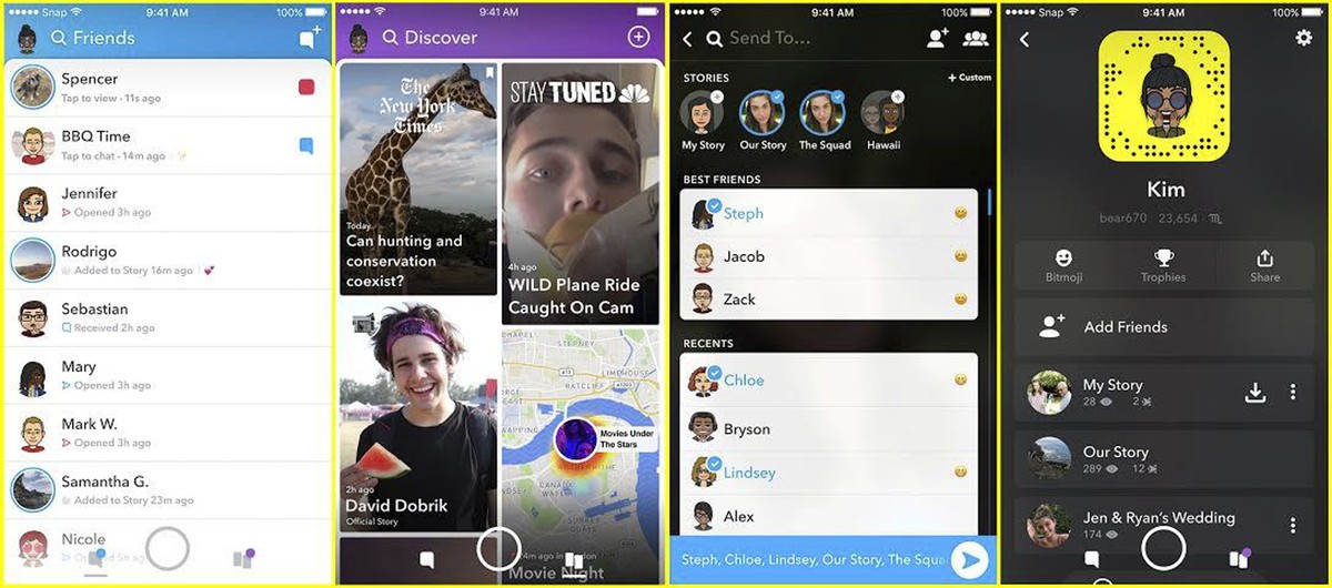 This photo provided by Snapchat shows screen examples of Snapchat's redesign. Snapchat is separating what friends share and what media organizations publish in an attempt to appeal to a broader r ...