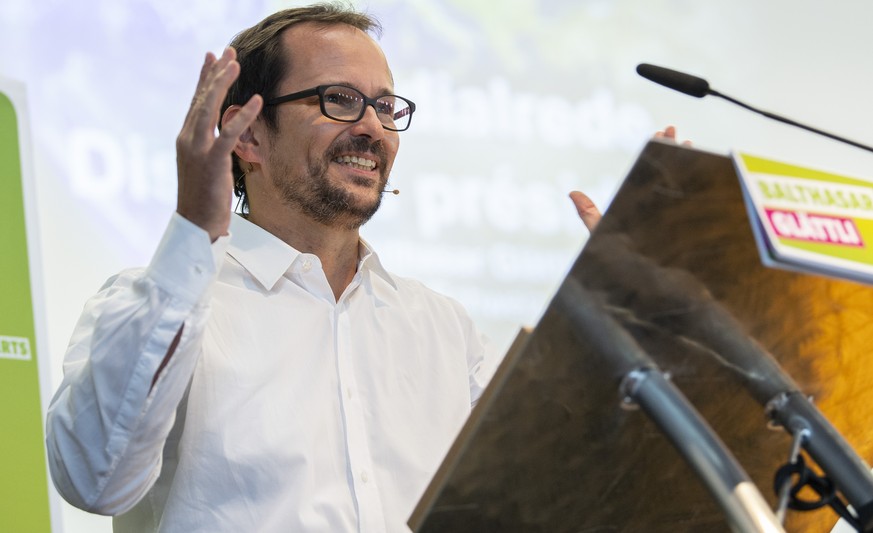 Balthasar Glaettli, Parteipraesident, spricht an der Delegiertenversammlung der Gruene Schweiz, am Samstag, 21. August 2021, in Fribourg. (KEYSTONE/Peter Schneider)