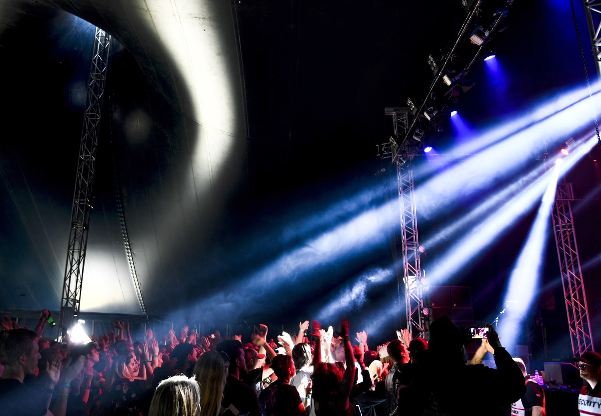 Audience dancing during Bravalla festival in Norrkoping, Sweden, Saturday, July 1, 2017. A large music festival in Sweden that has seen performances by artists such as Kanye West, Robbie Williams and  ...