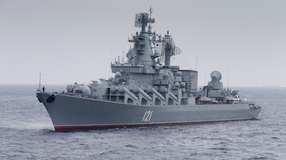 FILE - In this photo, provided by the press service of the Russian Defense Ministry, the Russian missile cruiser Moskva is on patrol in the Mediterranean near the Syrian coast on Dec. 11.  17, 2015. (Russian Defense...
