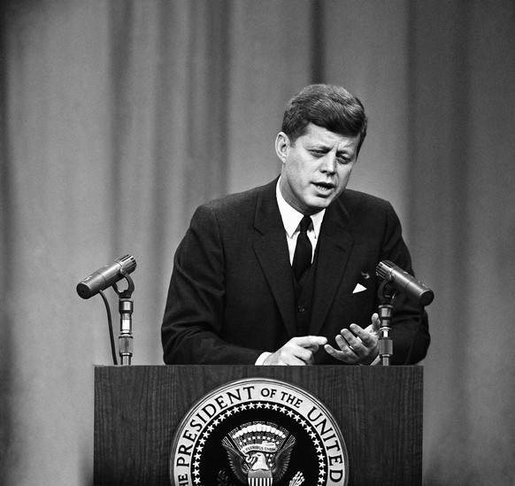 FILE - In this March 8, 1961 file photo, President John F. Kennedy speaks during a news conference in Washington. On Friday, June 25, 2021, the Associated Press reported on stories circulating online  ...