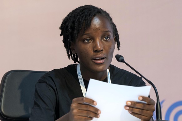 Climate activist Vanessa Nakate, of Uganda, speaks on a panel with other youth at the COP27 U.N. Climate Summit, Wednesday, Nov. 9, 2022, in Sharm el-Sheikh, Egypt. (AP Photo/Nariman El-Mofty)