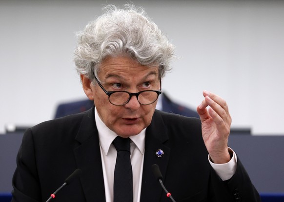 epa10688244 European Commissioner for Internal Market Thierry Breton speaks during a debate on ?Artificial Intelligence Act? at the European Parliament in Strasbourg, France, 13 June 2023. The session ...