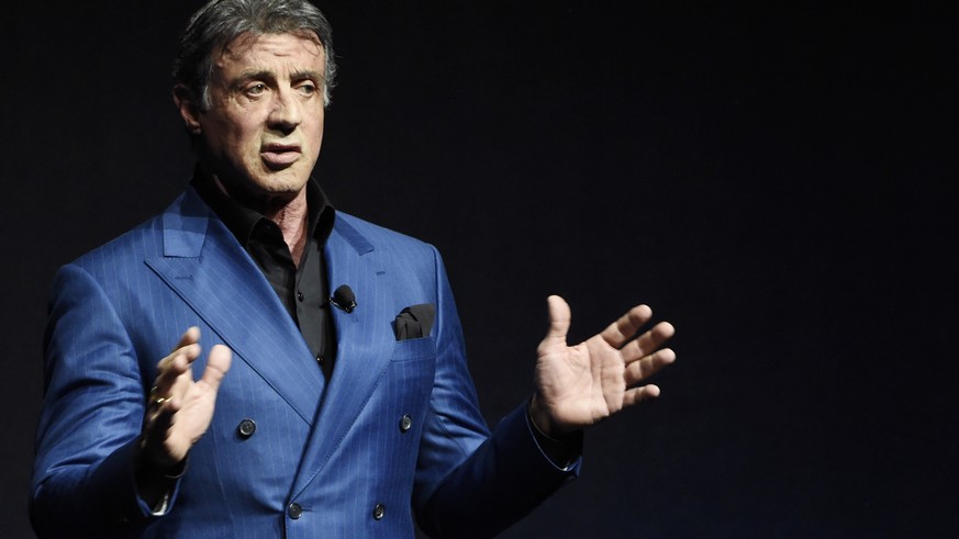 FILE- In this April 21, 2015 file photo, Sylvester Stallone introduces a clip from the film &quot;Creed&quot; at the Warner Bros presentation during CinemaCon 2015, at Caesars Palace, in Las Vegas. Sy ...