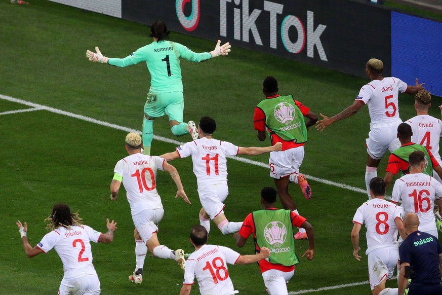 Mandatory Credit: Photo by Paul Greenwood/BPI/Shutterstock 12172325jx Switzerland players celebrate winning the penalty shoot out France v Switzerland, UEFA European Championship, EM, Europameistersch ...