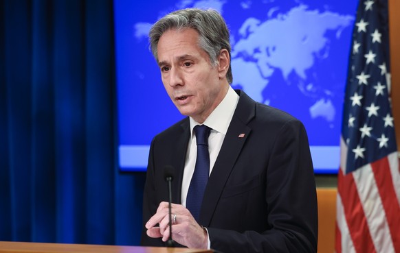 Secretary of State Antony Blinken delivers year-end remarks for 2021 during a news conference at the State Department in Washington, Tuesday, Dec. 21, 2021. (Evelyn Hockstein/Pool via AP)