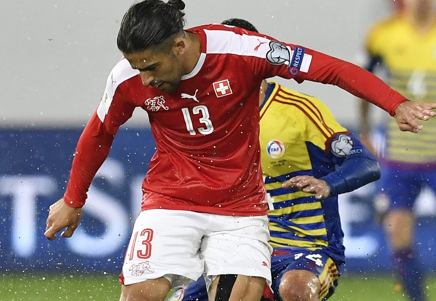 Swiss defender Ricardo Rodriguez, left, fights for the ball against Andorra’s Jordi Alaez during the 2018 Fifa World Cup Russia group B qualification soccer match between Switzerland and Andorra at th ...