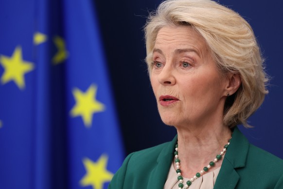European Commission President Ursula von der Leyen speaks during a media conference at EU headquarters in Brussels, Wednesday, April 15, 2026. (AP Photo/Omar Havana)
Ursula von der Leyen
