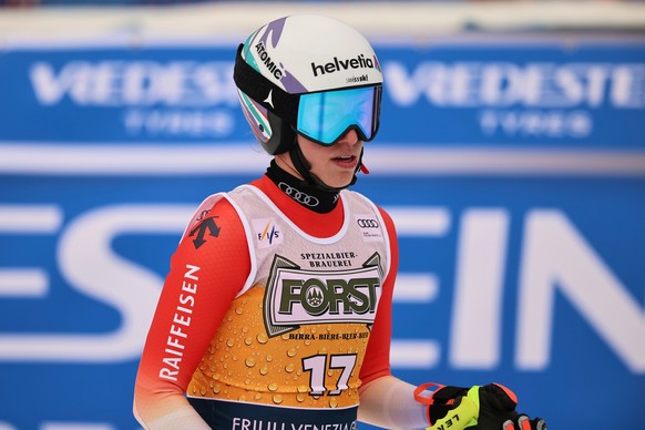 Switzerland's Malorie Blanc reacts at the finish area of an alpine ski, women's World Cup downhill, in Tarvisio, Italy, Saturday, Jan. 17, 2026. (AP Photo/Marco Trovati)
Italy World Cup Alpi ...