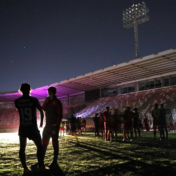 Futbol, Curico Unido vs Universidad Catolica. Decimoquinta fecha, campeonato Nacional 2020. El estadio La Granja es fotografiado sin luz durante el partido de primera division entre Curico Unido y Uni ...