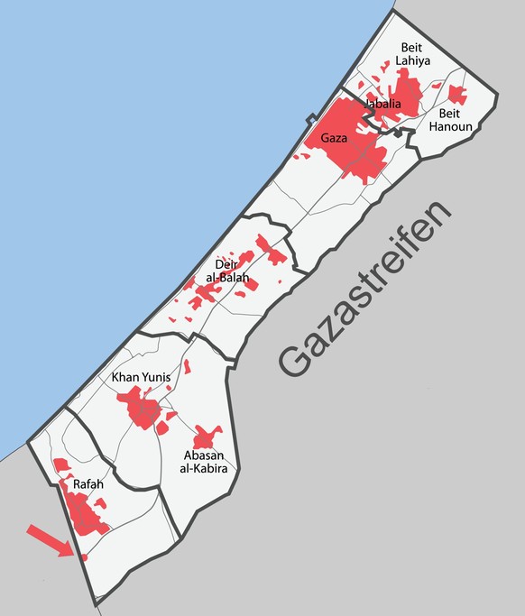 Rafah mit dem gleichnamigen Grenzübergang liegt im Südwesten des Gazastreifens, der an Ägypten grenzt.
