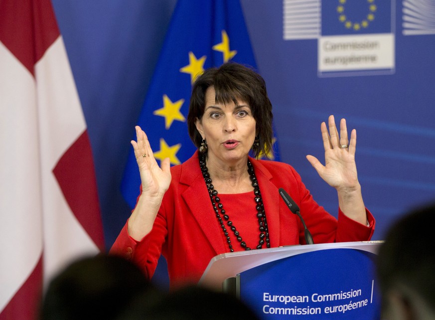 President of the Swiss Confederation Doris Leuthard addresses a media conference at EU headquarters in Brussels on Thursday, April 6, 2017. (AP Photo/Virginia Mayo)