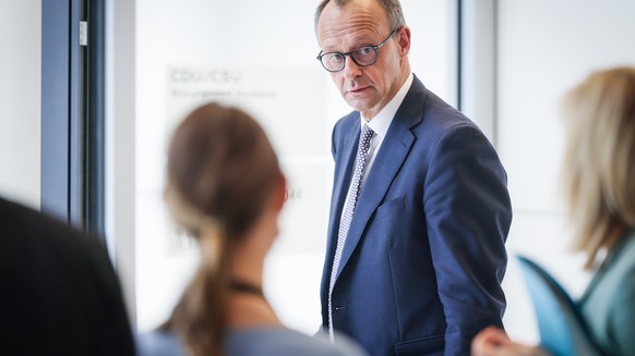 epa12020954 Chairman of the Christian Democratic Union (CDU) party and faction Friedrich Merz arrives for a fraction meeting, in Berlin, Germany, 09 April 2025. The Christian Democratic Union (CDU), t ...