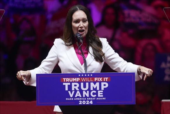 Brooke Rollins speaks before Republican presidential nominee former President Donald Trump speaks at a campaign rally at Madison Square Garden, Sunday, Oct. 27, 2024, in New York. (AP Photo/Evan Vucci ...
