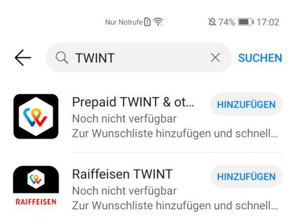 Twint kann man in der AppGallery nur zur Wunschliste hinzufügen oder als Quick App laden. Letzeres taugt aber nicht als Ersatz.