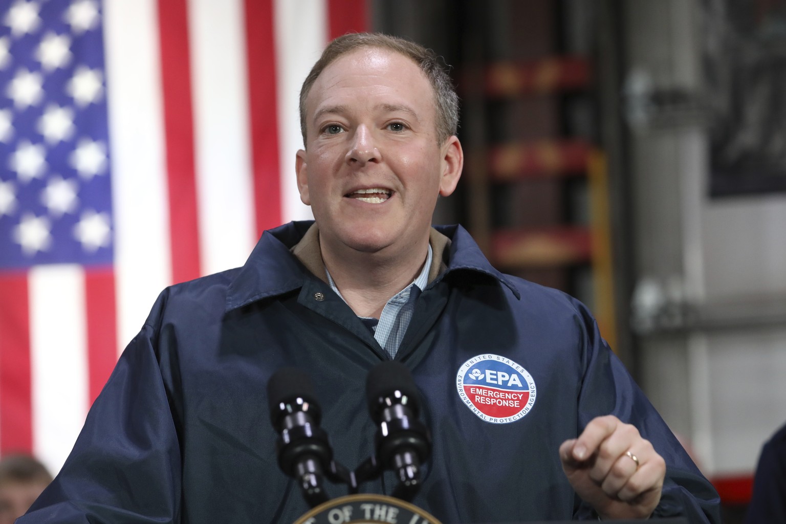 EPA Administrator Lee Zeldin speaks as Vice President JD Vance visits the East Palestine Fire Department in East Palestine, Ohio, Monday, Feb. 3, 2025. (Rebecca Droke/Pool Photo via AP